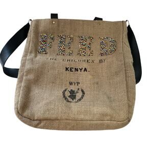 FEED Hand Beaded Burlap Tote Bag Shoulder Bag WFP Kenya Project Sustainable
